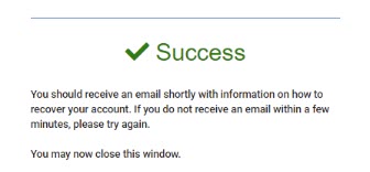 "Image showing the Success pop up message when you click 'Reset password' link on the 'Account locked screen'."